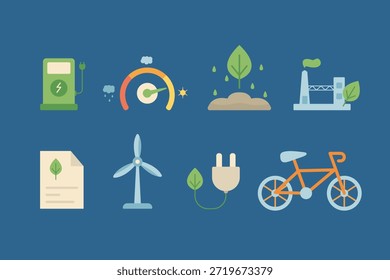 Conjunto de ícones ecológicos que representam conceitos de energia verde e vida sustentável