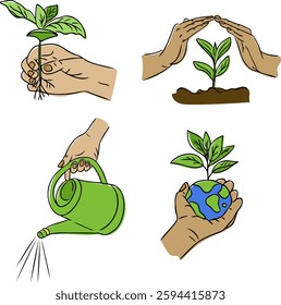 Set of eco-friendly illustrations depicting hands planting, watering, and protecting seedlings, symbolizing environmental care and sustainability. Vector collection of doodle drawings