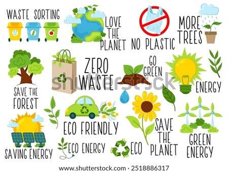 Set of eco-friendly illustrations with inscriptions. Stop pollution. Waste recycle. Eco-friendly illustration in flat style with sprouts, sun, earth, solar panel, electric car.