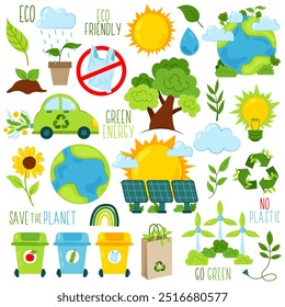 Conjunto de ilustraciones ecológicas. Detengan la contaminación. Reciclaje de residuos. Ilustración ecológica en estilo plano con brotes, sol, tierra, panel solar, coche eléctrico. Aislado sobre fondo blanco.