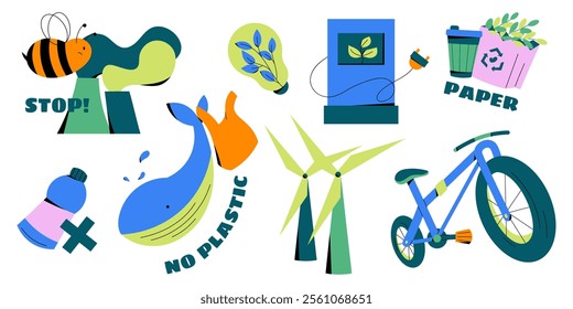 Set of eco-friendly illustrations: wind turbines, recycling, no plastic, green energy, and sustainable transport. Ideal for environmental campaigns, awareness designs, and green initiatives