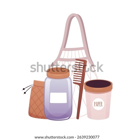 Set of eco-friendly items, mesh bag, comb, glass jar, trash can, cloth pouch. Recycling and reusable. Lifestyle. Vector illustration. Flat style. Isolated background.