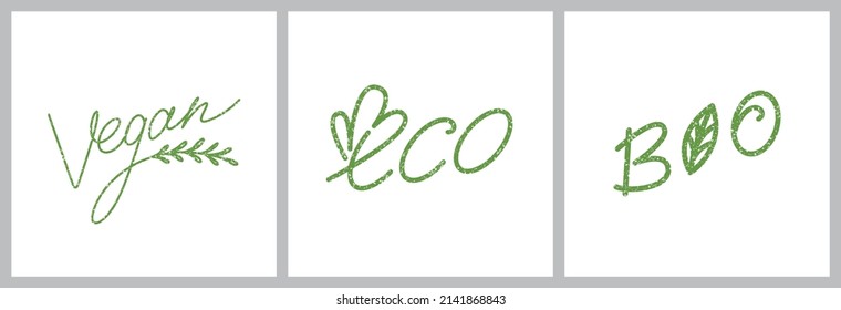 A set of eco-friendly logos: vegan, eco, bio. Vector. Isolated.