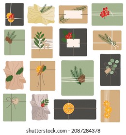 Set of eco-friendly packaging gifts with green, black, brown wrapping kraft paper, pine branches, jute, dry orange, red berries in rustic style. Christmas gift boxes. Hand drawn vector illustration