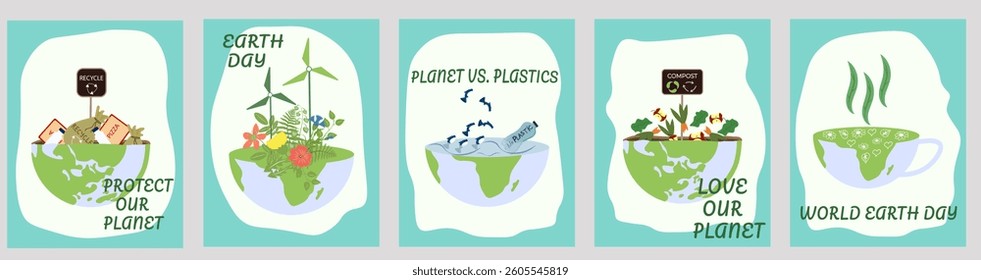 Set of eco-friendly posters promoting Earth Day, sustainability, and environmental protection. Includes recycling, composting, renewable energy, and plastic waste reduction. Perfect for campaigns 