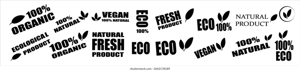 Set of eco-friendly product labels with text like 100% natural, organic, vegan, and fresh. Black vector badges with leaf icons for packaging, branding, and ecological design.