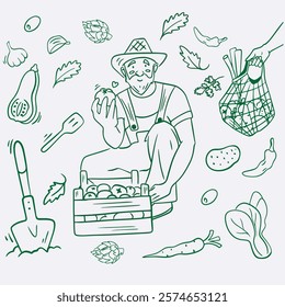 Set of eco-friendly products with character, vector vegetables in green line, green vegetables on white background: lettuce, pumpkin, carrot, eco-friendly grocery bag, potato, broccoli, shovel