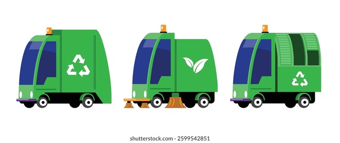 Set of Eco-Friendly Recycling and Garbage Trucks Vector Illustration