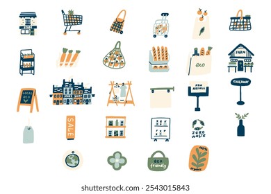 Set eco-friendly shopping elements isolated on white background, Vector illustration on hand drawn naive style