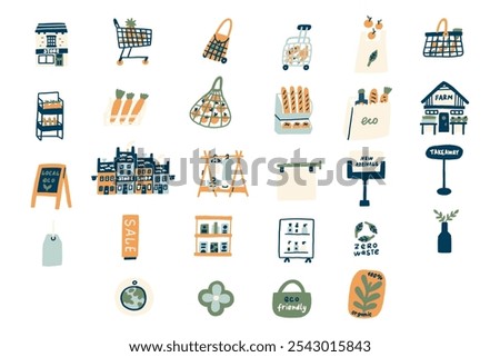 Set eco-friendly shopping elements isolated on white background, Vector illustration on hand drawn naive style