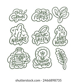 Set of eco-friendly stickers promoting environmental awareness and conservation efforts with green themes.