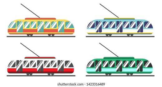 A set of eco-friendly trams of different colors. Public transport is favorable for the environment and the city. Beautiful bright colors of public transport. White background