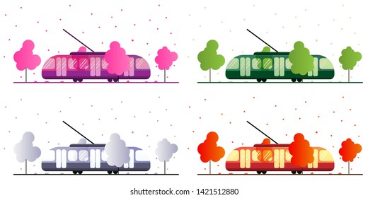 Set of eco-friendly trams in the environment. Seasons of the year and public transport in different colors. Set for demonstration of ecological transport. White background and four seasons of the year