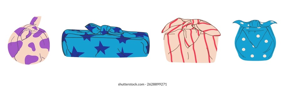 A set of eco-gift wrappers made of fabric. Cotton packaging, knotted. Japanese furoshiki packaging. The concept of "zero waste", environmental friendliness, reusable. The flat vector illustration.