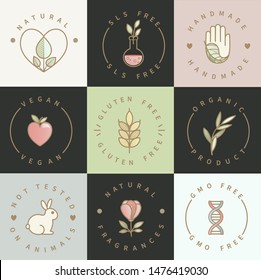 Set of eco,healthy,natural emblems, logos for product packaging,natural organic food and drink icons,labels for restaurant menu,packing.Handmade, gluten, sls and gmo free, not tested on animals.Vector