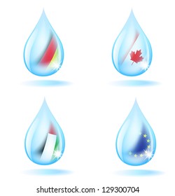 Set of ecolabels - waterdrops combined with flags reflections.