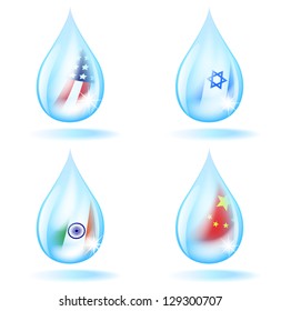 Set of ecolabels - waterdrops combined with flags reflections.
