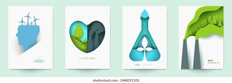 Set of ecological banner, cover, poster, card in modern creative paper cut style. Concept design of save nature, green technology, renewable energy, climate environment. Vector illustration.