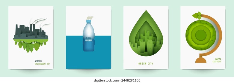 Conjunto de Anuncio ecológico, cubierta, póster, tarjeta en estilo de corte de papel creativo moderno. Guardar Concepto de diseño de Ilustración vectorial.