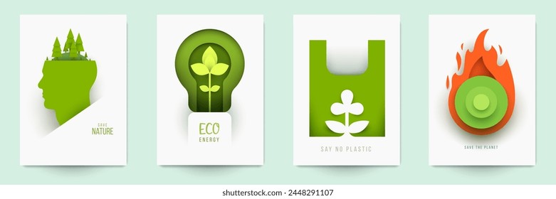 Set of ecological banner, cover, poster, card in modern creative paper cut style. Concept design of save nature, green technology, renewable energy, climate environment. Vector illustration.