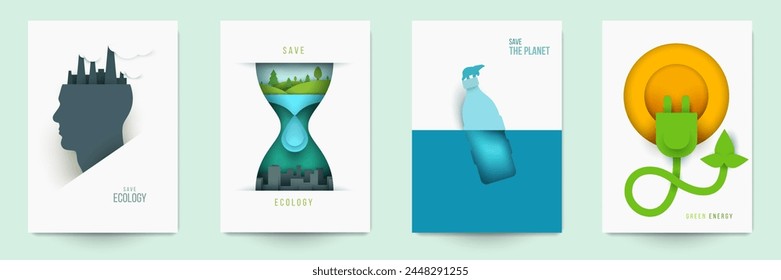Set of ecological banner, cover, poster, card in modern creative paper cut style. Concept design of save nature, green technology, renewable energy, climate environment. Vector illustration.