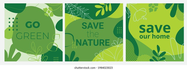 Set of Ecological banners with green backgrounds, liquid shapes, leaves and elements. Layouts for prints, flyers, covers, banners design.