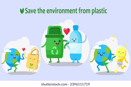 Set of ecological doodles, say no to plastic, Recycling Banner, Zero waste, think green, save the planet, environment cartoon elements isolated on white background