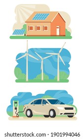 Set of ecological energy technology. Solar panel on house, wind turbine and electric car. Vector illustration design