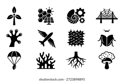 Eine Reihe von ökologischen Ikonen wie Windturbine, Sonnenkollektoren, Muschelausrüstung, Web-Brücke und Flora Fauna