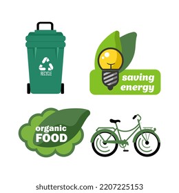 Set of ecological icons. Green energy concept. Garbage separation. Energy saving. Organic food. Vector flat illustration.