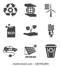 Set of ecological icons. Green environment and recycle vector silhouette icon isolated on a white background