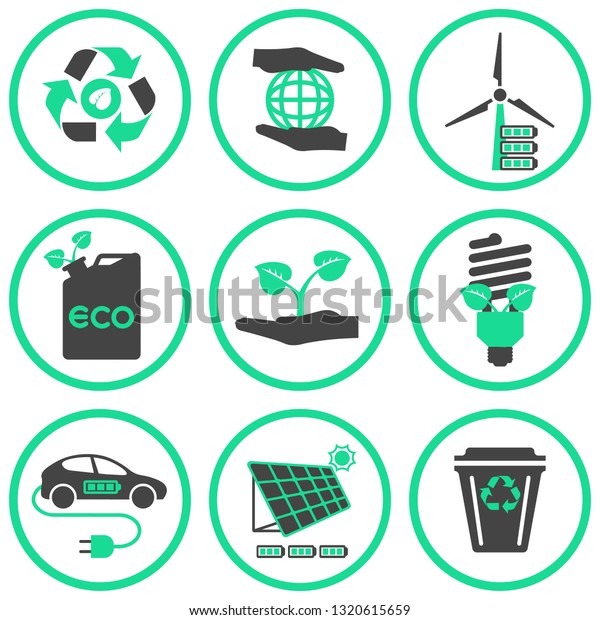 Set of\
ecological icons. Green environment and recycle vector icons in a\
round frame isolated on a white\
background