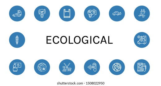 Set of ecological icons such as Electric car, Clean energy, Plastic bag, Hybrid solution, Emission, Green energy, Reuse, Global warming, Pollution, Geology, Cartridge , ecological