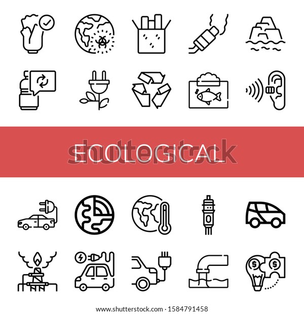 Set of\
ecological icons. Such as Natural, Reuse, Global warming, Green\
energy, Recycle, Pollution, Ecosystem, Warming, Electric car,\
Geology, Electric vehicle , ecological\
icons