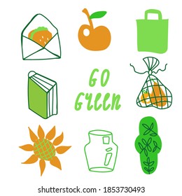 Set of ecological illustrations in green,orange.A collection of images for saving the planet for our children.Clip art with sandwich,apple,bag,book, glass,pad,go green in doodle style.Design for web.