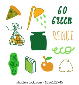 Set of ecological illustrations in green,orange.A collection of images for saving the planet for our children.Clip art with garbage,gasket,go green,reduce,fruit,package,glass in doodle style. 