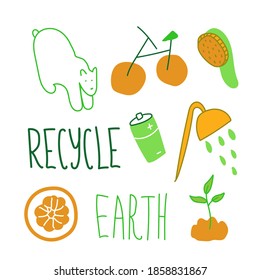 Set of ecological illustrations in green,orange.A collection of images for saving the planet for our children.Clip art with polar bear,battery,planet,shower,rask,bike,plant in doodle style.