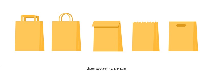 Conjunto de bolsos de papel ecológico de diferentes formas. Empaque ecológico para tienda, cafetería, tienda. De compras verdes. Ilustración de dibujos animados de vector plano sobre fondo blanco.