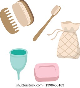 Set of ecological personal hygiene items  - wooden toothbrush, menstrual cup, solid soap, brushes, cotton bag. Zero waste concept. Vector illustration in cartoon style 