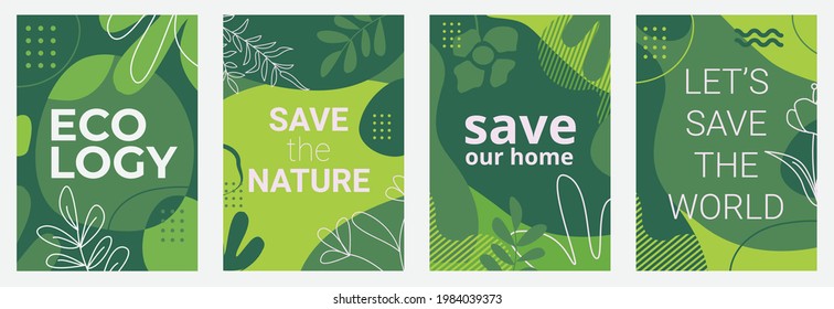 Set of Ecological posters with green backgrounds, liquid shapes, leaves and elements. Layouts for prints, flyers, covers, banners design