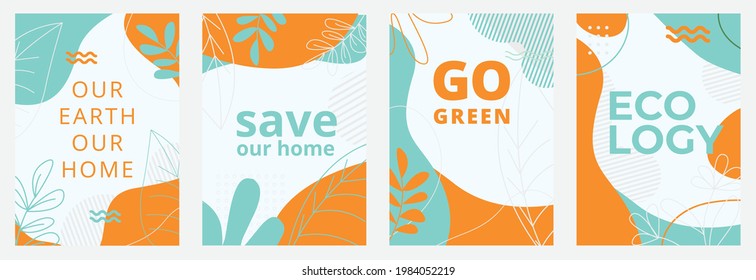 Set of Ecological posters with green backgrounds, liquid shapes, leaves and elements. Layouts for prints, flyers, covers, banners design.