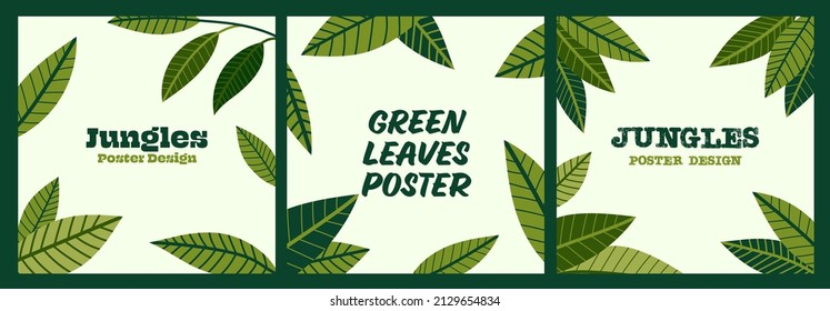 Set of Ecological posters with tropical leaves on the green background. Layouts for prints, flyers, covers, banners design