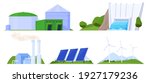 Set of ecological power plants, green energy. Hydroelectric power station, geothermal energy, solar panels, wind electricity. Vector illustration in cartoon style