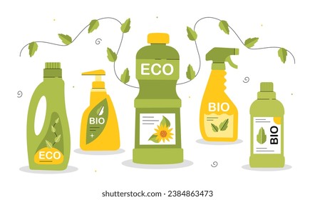 Conjunto de productos ecológicos. Rocios y lociones. Cosméticos naturales y orgánicos y equipo de limpieza. Me importa la naturaleza. Colección vectorial plana de dibujos animados aislada en fondo blanco