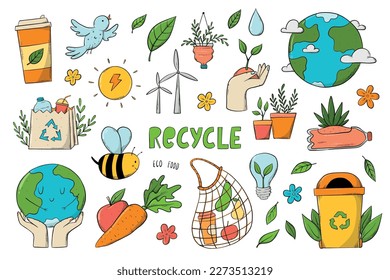 Set of Ecological Sustainability doodles, environment cartoon elements isolated on white background. Ecology doodles. EPS 10