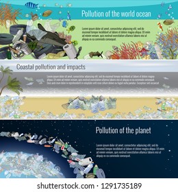 Set of ecological templates with a garbage. Problem pollution of the planet, ocean, coast. The problems with chemical wastes disposal. Stop plastic pollution, vector illustration. The concept of ecolo