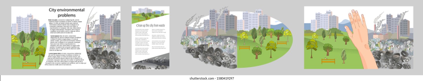Set of ecological templates with a garbage. Problem pollution of the planet. Chemical waste disposal. Stop plastic pollution, vector illustration. Environmental disaster of debris. 