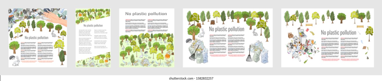 Set of ecological templates with a garbage. Problem pollution of the planet. Chemical waste disposal. Stop plastic pollution, vector illustration. Environmental disaster of debris. 