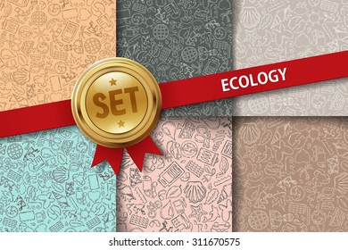 Set of ecology backgrounds with hand drawing icons in different colors