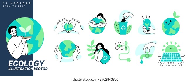 set of ecology concept with characters. consisting of recycling, renewable energy, and environmental protection, save the word concept with green and cyan color. flat illustration.